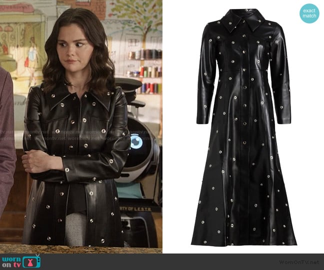 Mabel’s black leather grommet detail coat on OMITB