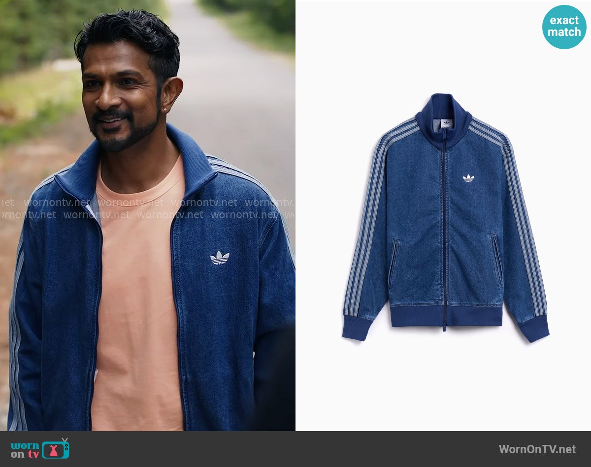 Adidas Firebird Denim Jacket worn by Jay (Utkarsh Ambudkar) on Ghosts
