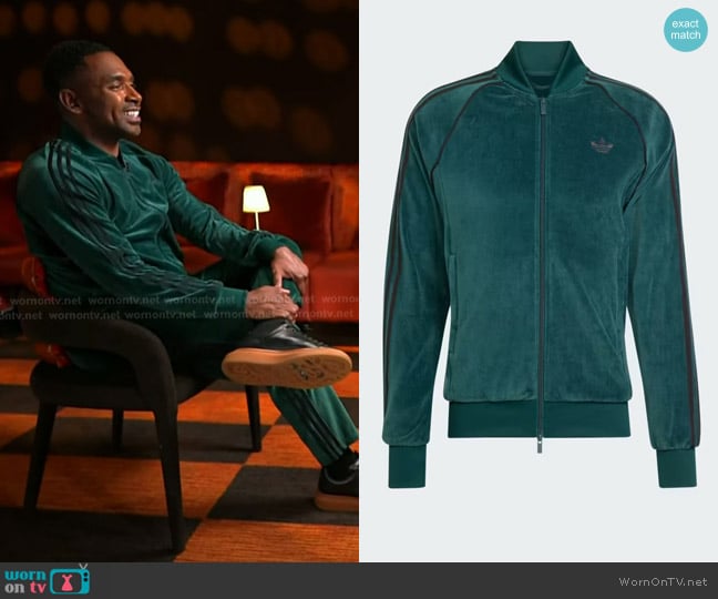 Adidas SST Adicolor Velour Track Top in Aurora Ivy worn by Justin Sylvester on Today