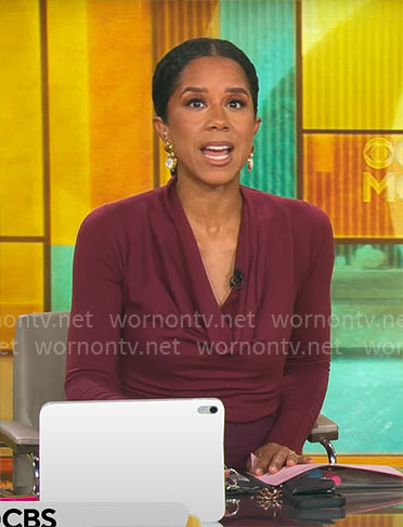 Adriana Diaz's burgundy cowl neck top on CBS Mornings