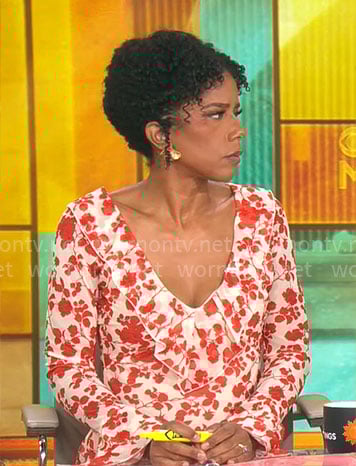 Adriana Diaz’s red floral dress with ruffled neckline on CBS Mornings
