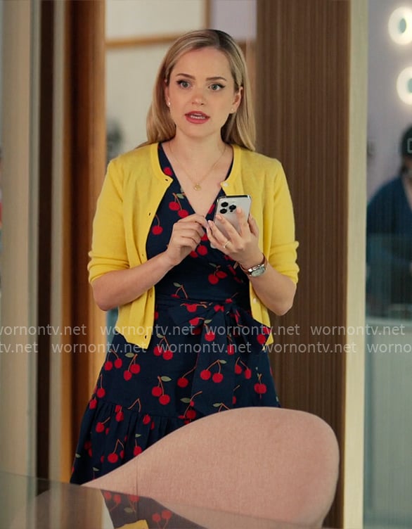 Ainsley’s cherry print wrap dress on Loot