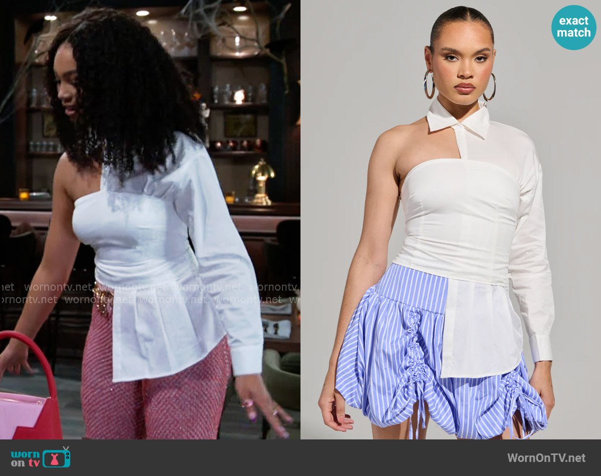 Akira Don't Look At Me Asymmetrical Poplin Blouse worn by Chelsea Hamilton (RhonniRose Mantilla) on Beyond the Gates