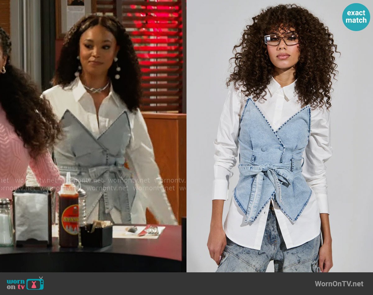 Akira End Of Summer Fling Denim Corseted Blouse worn by Chelsea Hamilton (RhonniRose Mantilla) on Beyond the Gates