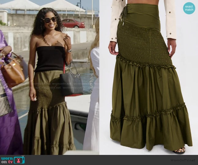 Akira It Only Gets Better Ruched Maxi Skirt worn by Stacey Rusch on The Real Housewives of Potomac
