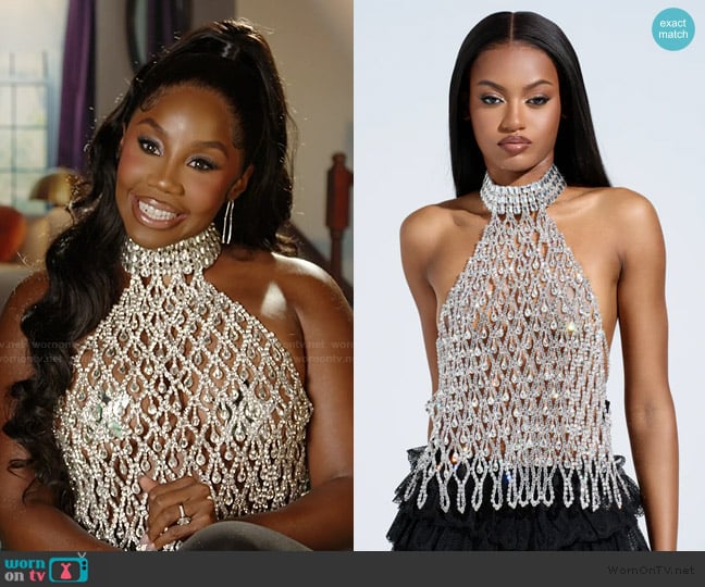 Akira Loren Rhinestone Halter Neck Top worn by Jassi Rideaux on The Real Housewives of Potomac