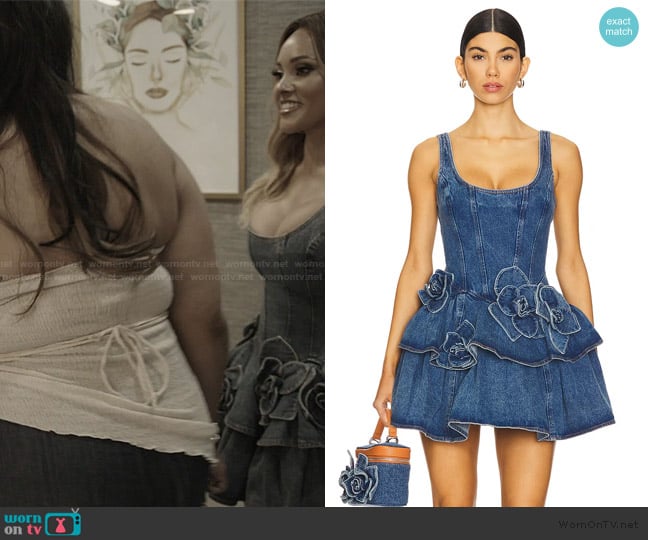 Aknvas Devyn Saxe Blue Denim Ruffle Dress worn by Ashley Darby on The Real Housewives of Potomac