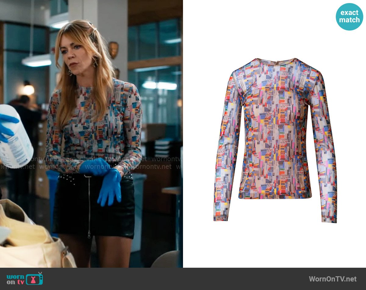 Akris Punto NYC Paper Collage Print Top worn by Morgan Gillory (Kaitlin Olson) on High Potential