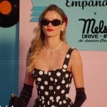 Alanna’s black polka dot print dress on Selling Sunset