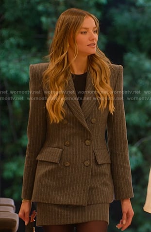 Alanna's grey pinstripe blazer and skirt on Selling Sunset