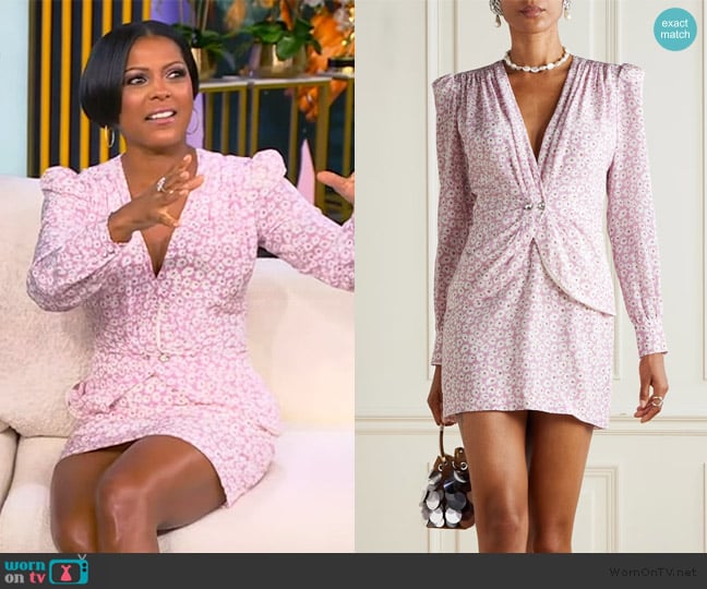 Alessandra Rich Wrap-effect embellished pleated floral-print mini dress worn by Tamron Hall on Tamron Hall Show