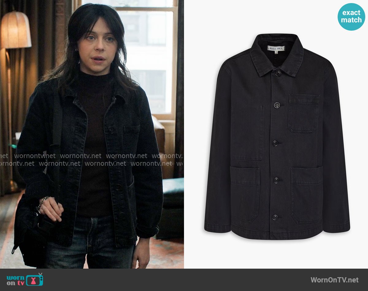 Alex Mill Britt denim jacket worn by Claire Conway (Bel Powley) on The Morning Show