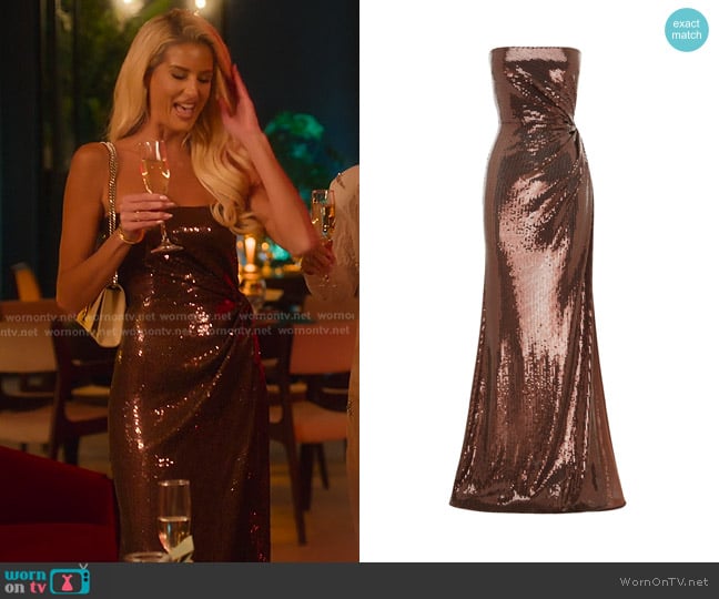 Alex Perry Twisted Sequined Strapless Gown in Chocolate worn by Emma Hernan on Selling Sunset
