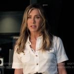 Alex’s white short sleeve shirt with gold buttons on The Morning Show