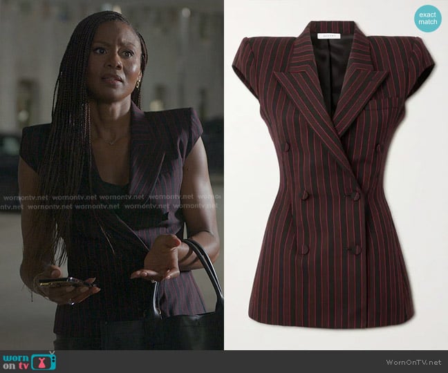 Alexander McQueen Double-breasted Striped Wool Blazer worn by Jax Stewart (Emayatzy Corinealdi) on Reasonable Doubt