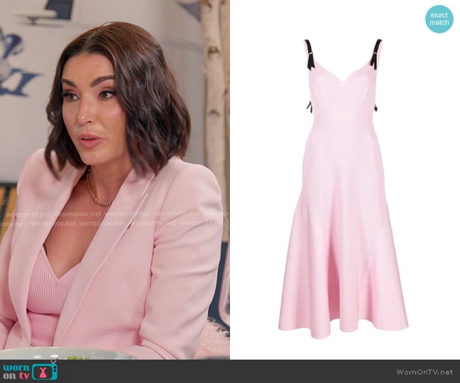 Alexander McQueen Sweetheart-neck Ribbed Midi Dress in Ice Pink/black worn by Bronwyn Newport on The Real Housewives of Salt Lake City
