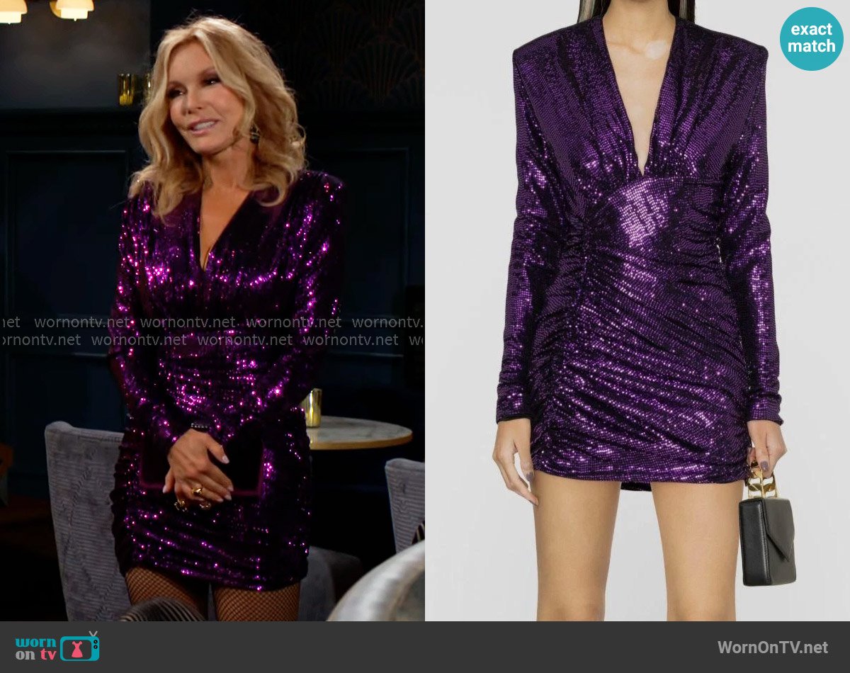 Alexandre Vauthier Purple Ruched Sequin Mini Dress worn by Lauren Fenmore (Tracey Bregman) on The Young and the Restless