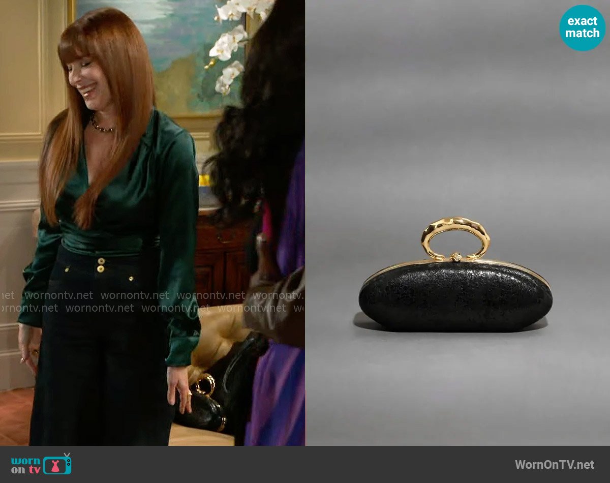 Alexis Bittar Molten Gold Bullet Minaudière worn by Pamela Curtis (Cady McClain) on Beyond the Gates