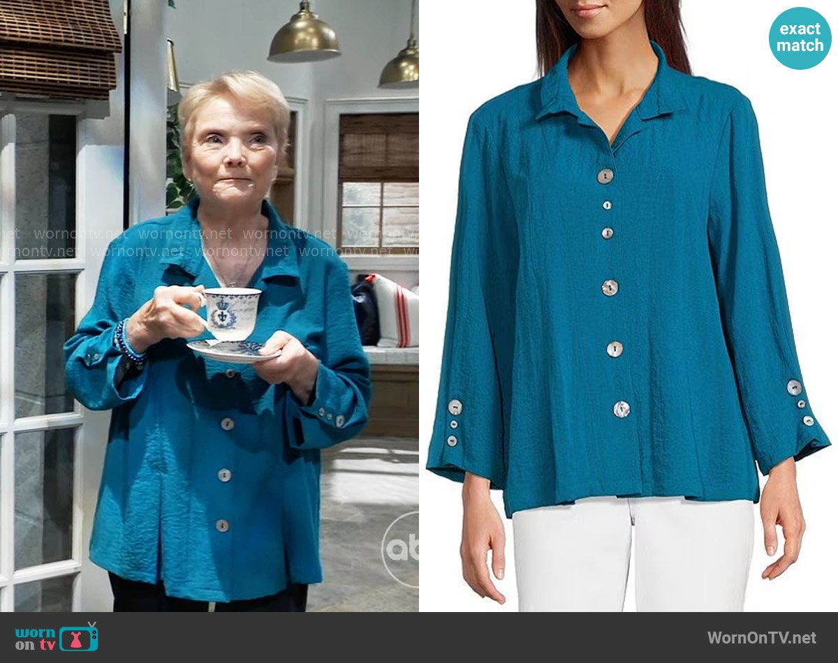 Ali Miles Woven Solid Wire Collar 3/4 Sleeve Pleated Hem Button Front Tunic in Dark Teal worn by Veronica Bard (Erika Slavek) on General Hospital