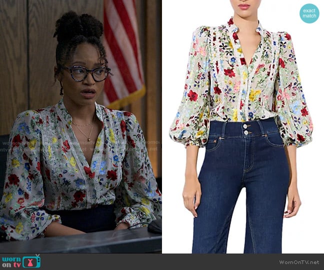 Alice + Olivia Arlette Collared Blouse in dollhouse worn by Kristin (Kiah Alexandria Clingman) on Reasonable Doubt