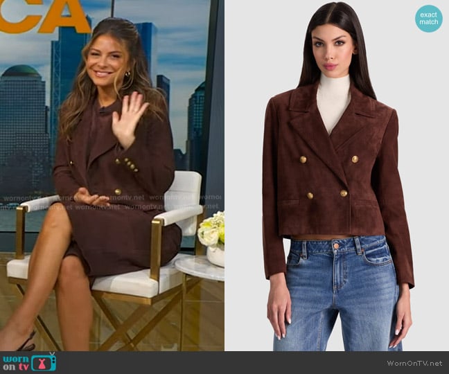 Alice + Olivia Avery Suede Blazer in dark chocolate worn by Maria Menounos on Good Morning America