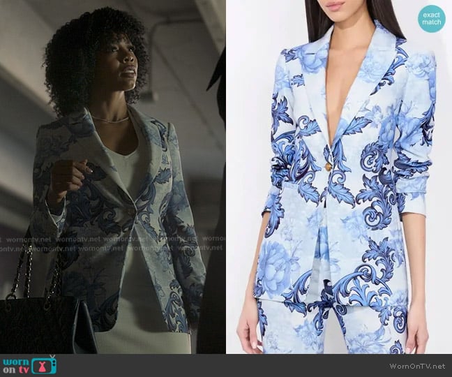 Alice + Olivia Breann Blazer in Scroll Symphony worn by Monica Wilson (Brandee Evans) on Reasonable Doubt
