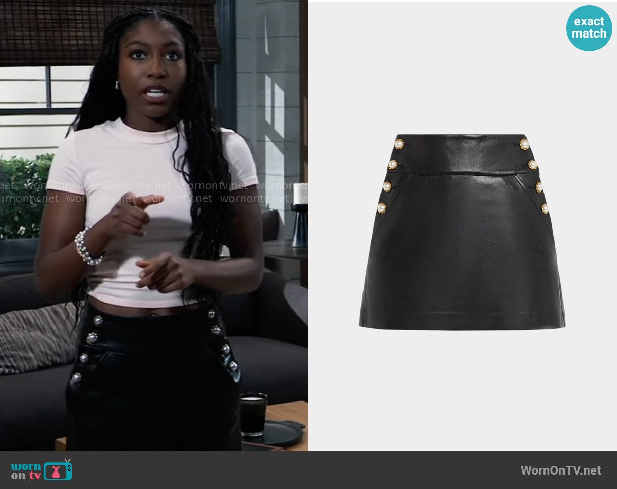 Alice + Olivia Donald Button Trim Faux Leather Miniskirt worn by Trina Robinson (Tabyana Ali) on General Hospital