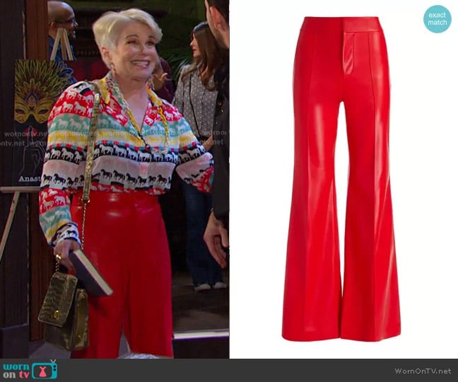 Alice + Olivia Dylan Wide Leg Faux Leather Pants in Bright Ruby worn by Bonnie Lockhart (Judi Evans) on Days of our Lives