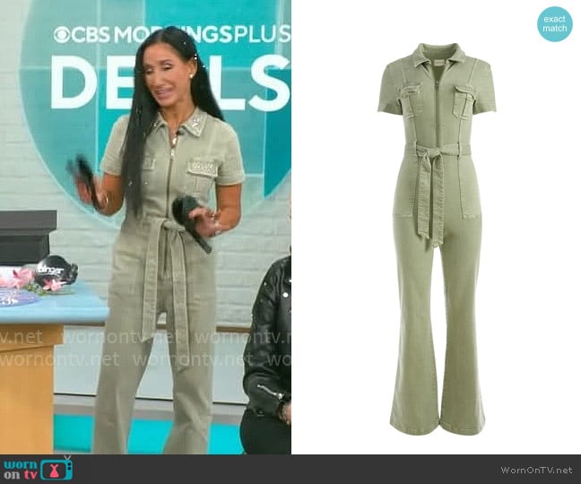 Alice + Olivia Gorgeous Wide Leg Jumspuit in Sage worn by Elizabeth Werner on CBS Mornings