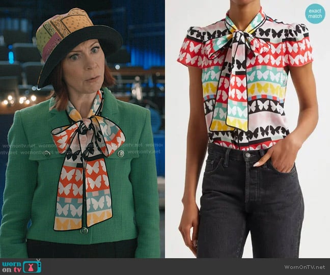 Alice + Olivia Jeannie Butterfly Print Silk Top in Flutters worn by Elsbeth Tascioni (Carrie Preston) on Elsbeth
