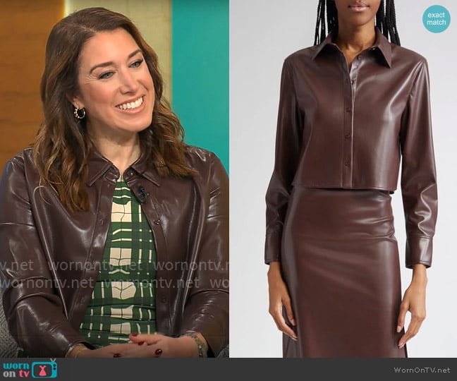 Alice + Olivia Leon Crop Faux Leather Button-Up Shirt worn by Sarah Gelman on CBS Mornings