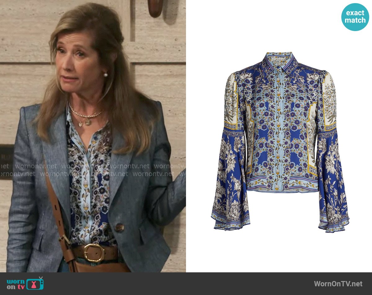 Alice + Olivia Willa Floral Bell-Sleeve Blouse in Forevermore worn by Charlotte (Nancy Travis) on Shifting Gears