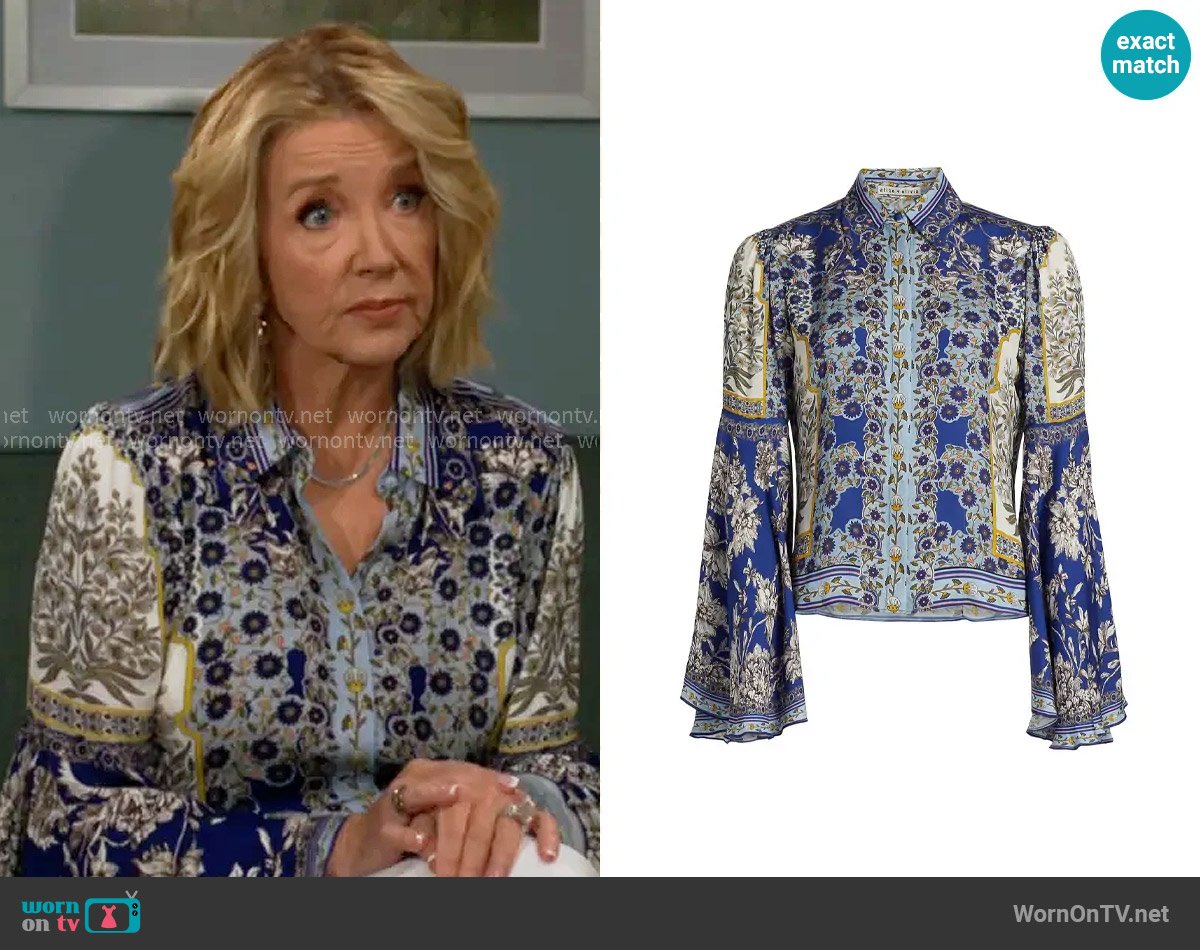 Alice + Olivia Willa Shirt in Forevermore worn by Nikki Reed Newman (Melody Thomas-Scott) on The Young and the Restless