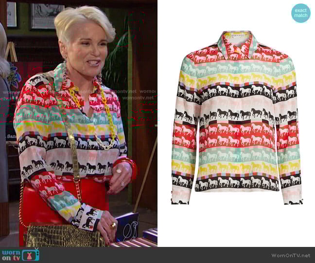 Alice + Olivia Willa Shirt in Stallion worn by Bonnie Lockhart (Judi Evans) on Days of our Lives