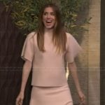 Allison Williams’s beige top and skirt set on Live with Kelly and Mark