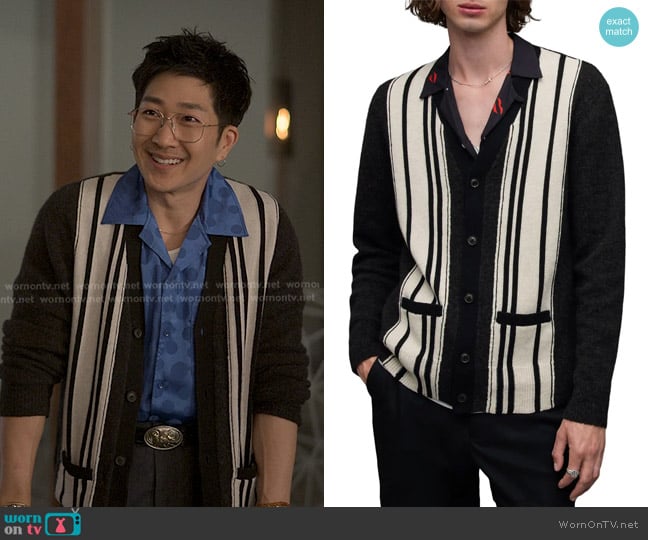 All Saints Berkley Stripe Wool & Cotton Blend Cardigan worn by Daniel Kim (Tim Jo) on Reasonable Doubt