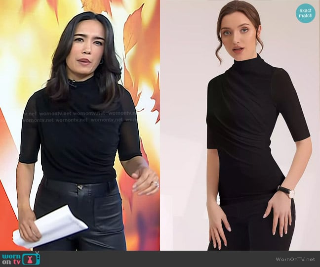 Allegra K Short Sleeve Sheer Mesh Ruched Top worn by Emilie Ikeda on Today