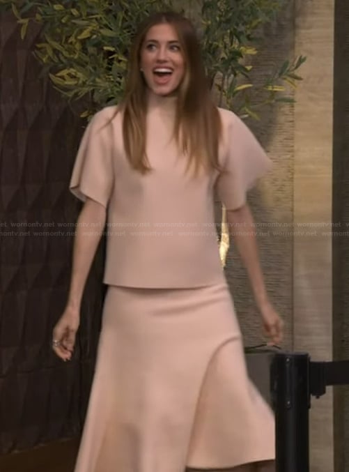 Allison Williams’s beige top and skirt set on Live with Kelly and Mark