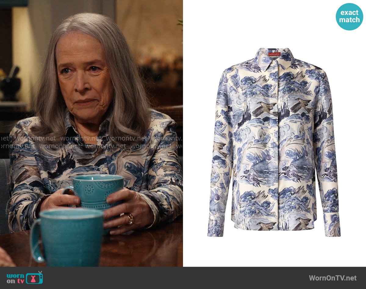 Altuzarra Chika Shirt in Berry Blue Mythical worn by Madeline Matlock (Kathy Bates) on Matlock