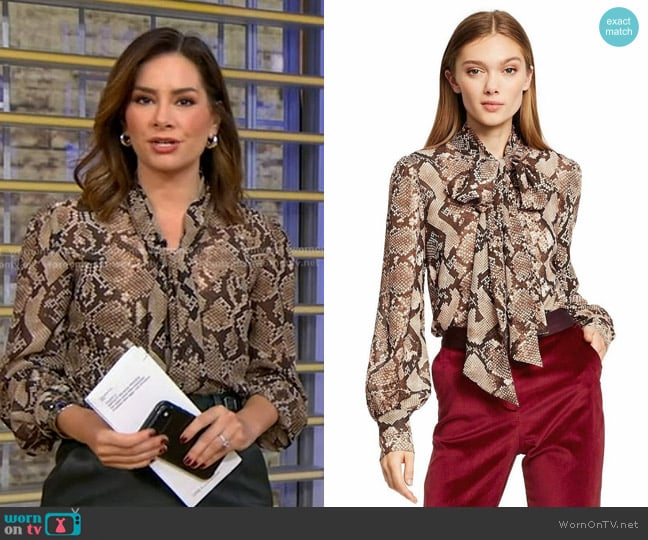Altuzarra for Target  Snake Print Tie Neck Blouse worn by Rebecca Jarvis on Good Morning America