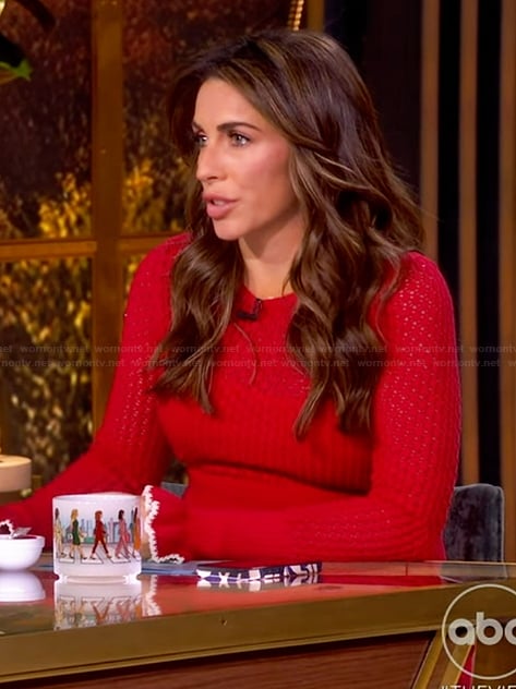 Alyssa’s red contrast trim ruffle dress on The View