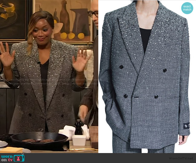 Amiri Metallic Double Breasted Blazer worn by Sunny Anderson on The Drew Barrymore Show