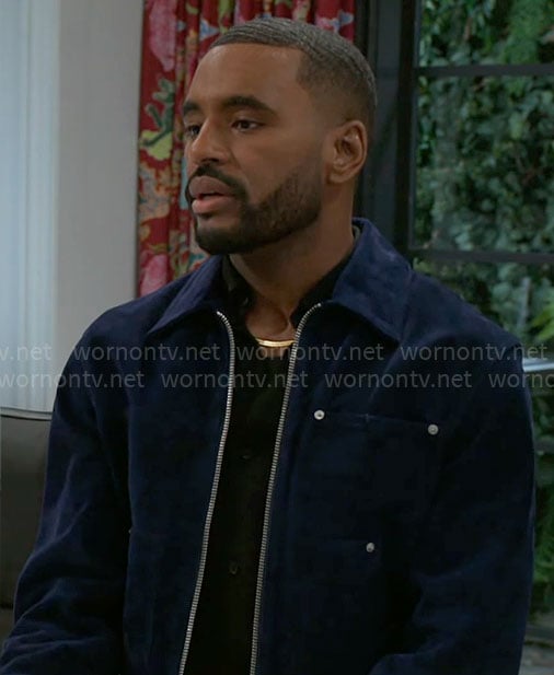 Andre’s navy blue suede jacket on Beyond the Gates
