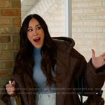Angie’s blue turtleneck mesh top and brown coat on The Real Housewives of Salt Lake City