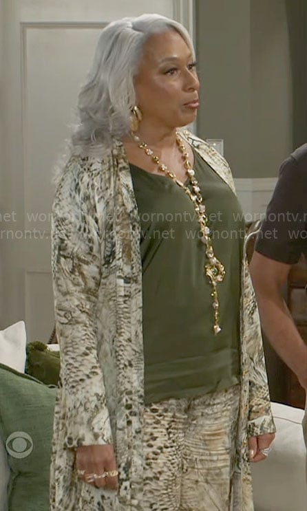 Anita's snake print jacket and pants set on Beyond the Gates
