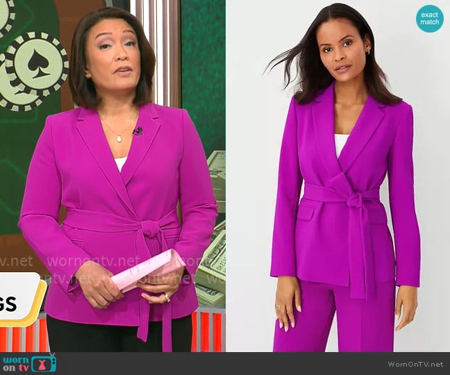 Ann Taylor Crepe Belted Blazer in Vibrant Magenta worn by Elaine Quijano on CBS Mornings