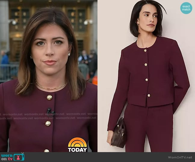 Ann Taylor The Crew Neck Ponte Jacket in Poised Plum worn by Chloe Melas on Today