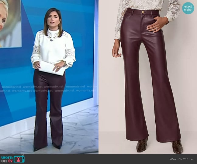 Ann Taylor The Faux Leather Flare Pant in Poised Plum worn by Chloe Melas on Today