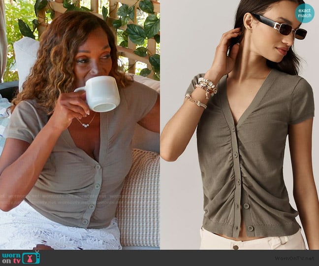 Anthropologie Cardigan Ruched Short-Sleeve V-Neck Sweater worn by Gerri on The Golden Bachelor