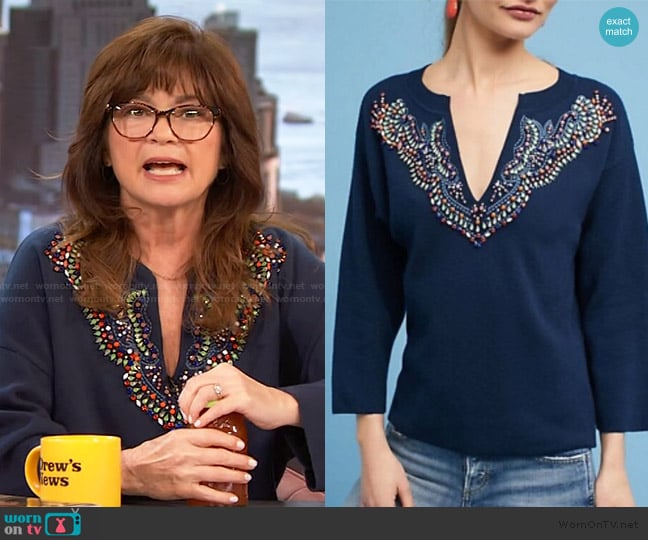 Anthropologie Moth Jeweled V Neck Sweater worn by Valerie Bertinelli on The Drew Barrymore Show